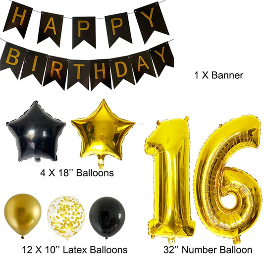 30Th Birthday Decoration Anniversary Party Supplies Gold Black Latex Balloons Happy Birthday Banner Woman Girls Birthday Decor Warehouse Item