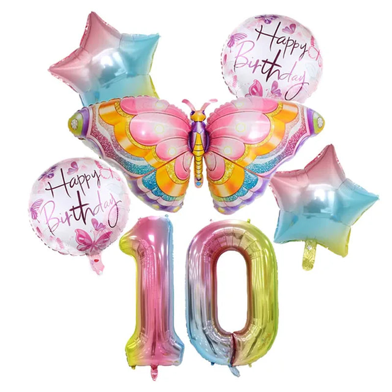 Coulourfully Butterfly Number Balloons Set Pink Birthday Butterfly Balloon Rainbow Number Helium Ball Birthday Party Decorations Warehouse Item