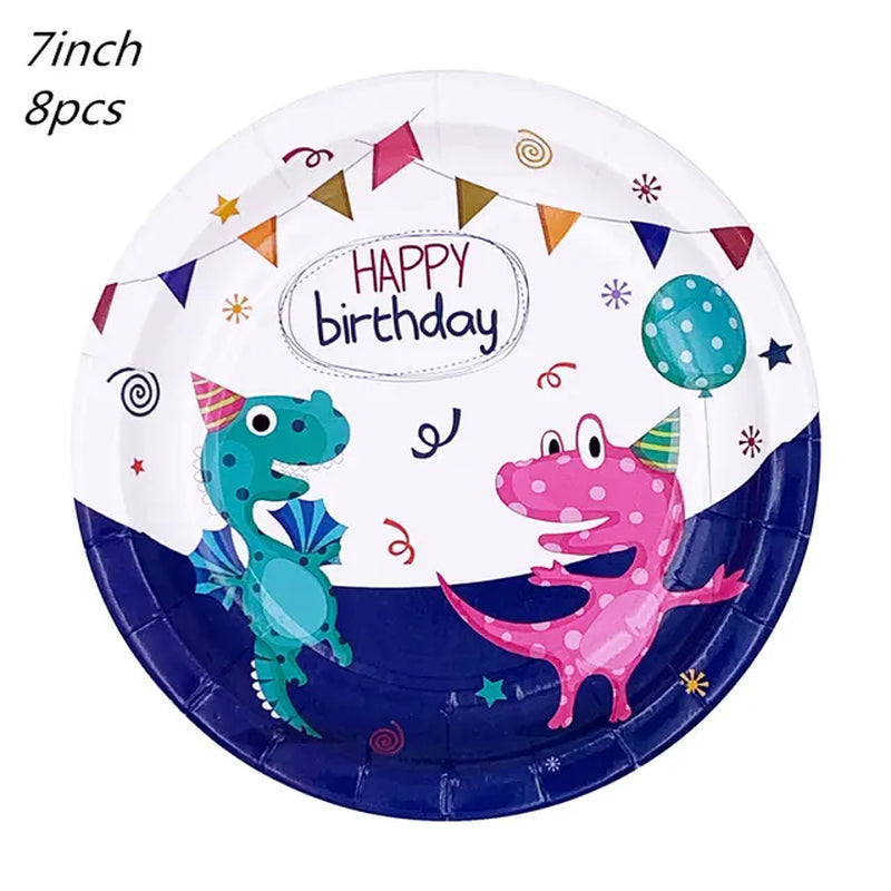 Dinosaur Party Disposable Tableware Paper Plates Cups Boy Kids One Birthday Party Supplies Favors Roar Dino Party Balloons Decor Warehouse Item