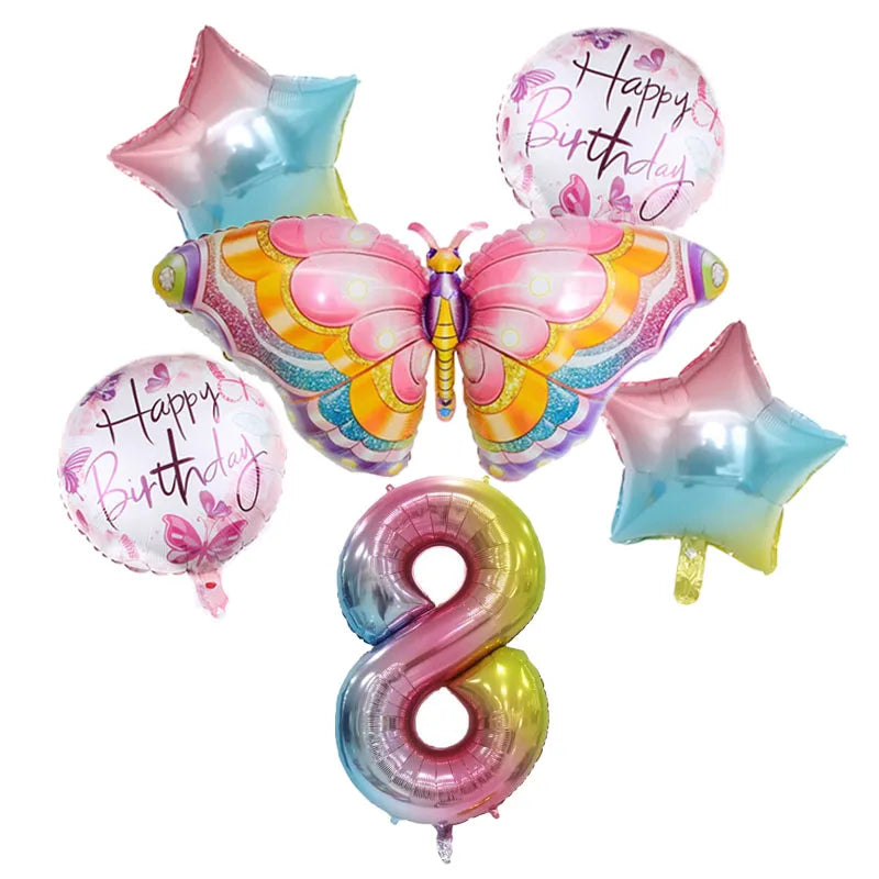 Coulourfully Butterfly Number Balloons Set Pink Birthday Butterfly Balloon Rainbow Number Helium Ball Birthday Party Decorations Warehouse Item