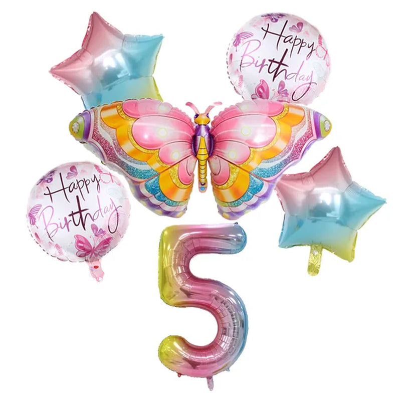 Coulourfully Butterfly Number Balloons Set Pink Birthday Butterfly Balloon Rainbow Number Helium Ball Birthday Party Decorations Warehouse Item