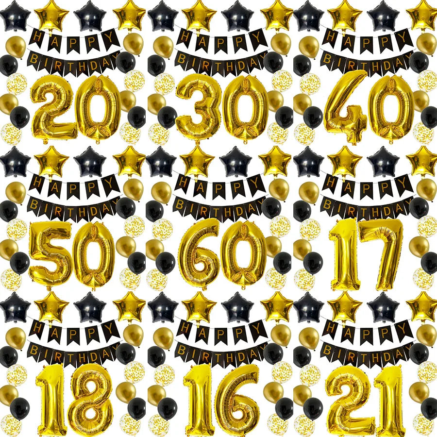 30Th Birthday Decoration Anniversary Party Supplies Gold Black Latex Balloons Happy Birthday Banner Woman Girls Birthday Decor Warehouse Item