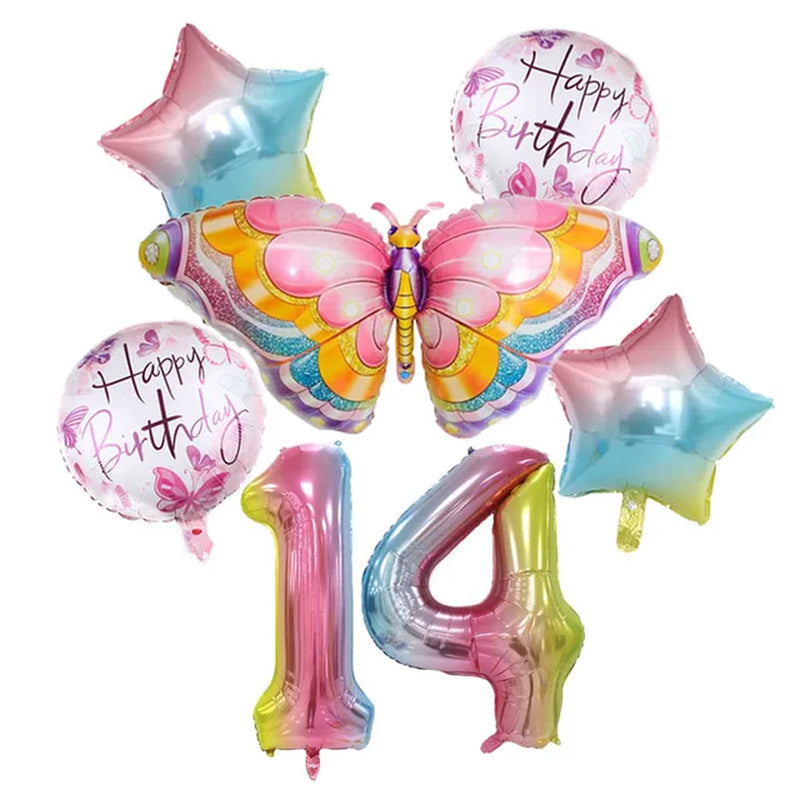 Coulourfully Butterfly Number Balloons Set Pink Birthday Butterfly Balloon Rainbow Number Helium Ball Birthday Party Decorations Warehouse Item