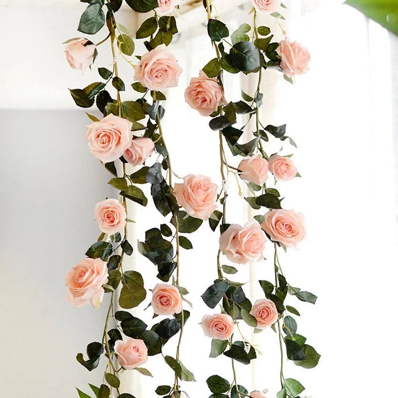 Silk Artificial Rose Vine Hanging Flowers for Wall Decoration Rattan Fake Plants Leaves Garland Romantic Wedding Home Decoration Warehouse Item