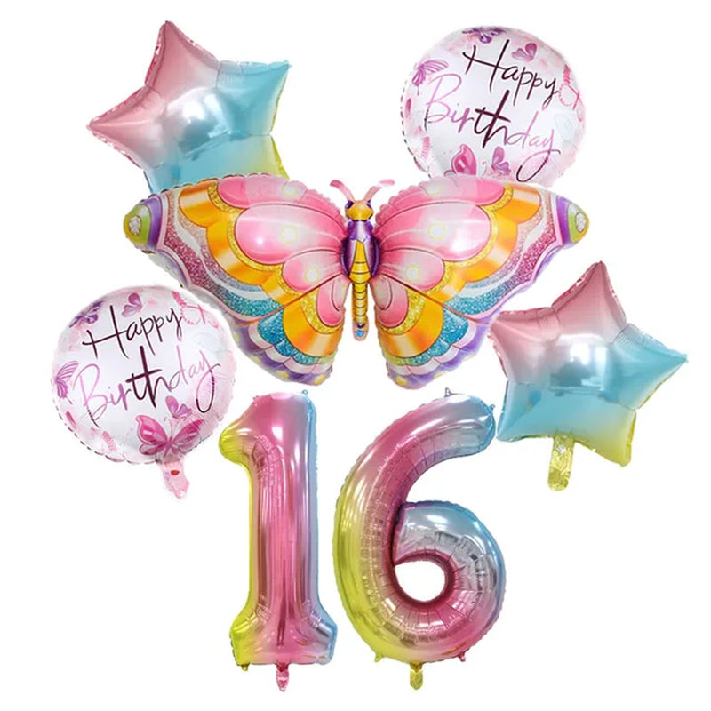 Coulourfully Butterfly Number Balloons Set Pink Birthday Butterfly Balloon Rainbow Number Helium Ball Birthday Party Decorations Warehouse Item