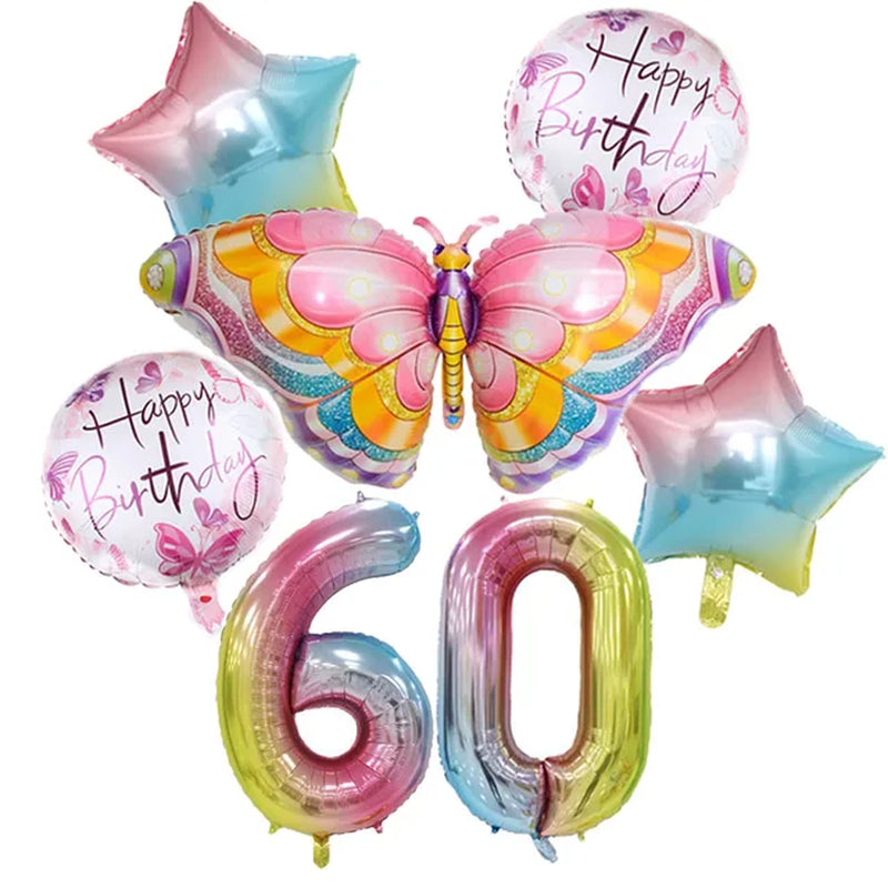 Coulourfully Butterfly Number Balloons Set Pink Birthday Butterfly Balloon Rainbow Number Helium Ball Birthday Party Decorations Warehouse Item