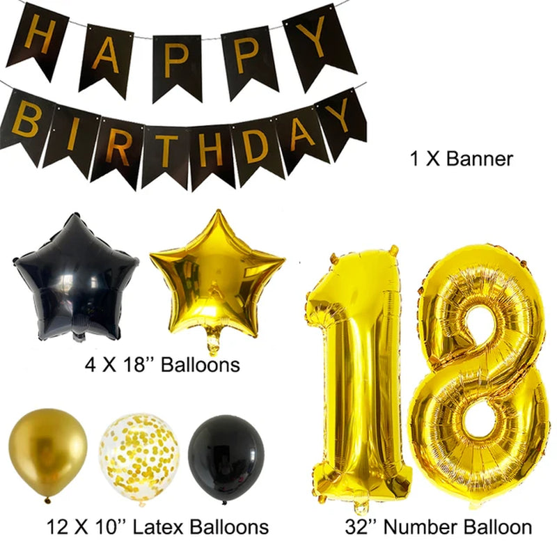 30Th Birthday Decoration Anniversary Party Supplies Gold Black Latex Balloons Happy Birthday Banner Woman Girls Birthday Decor Warehouse Item