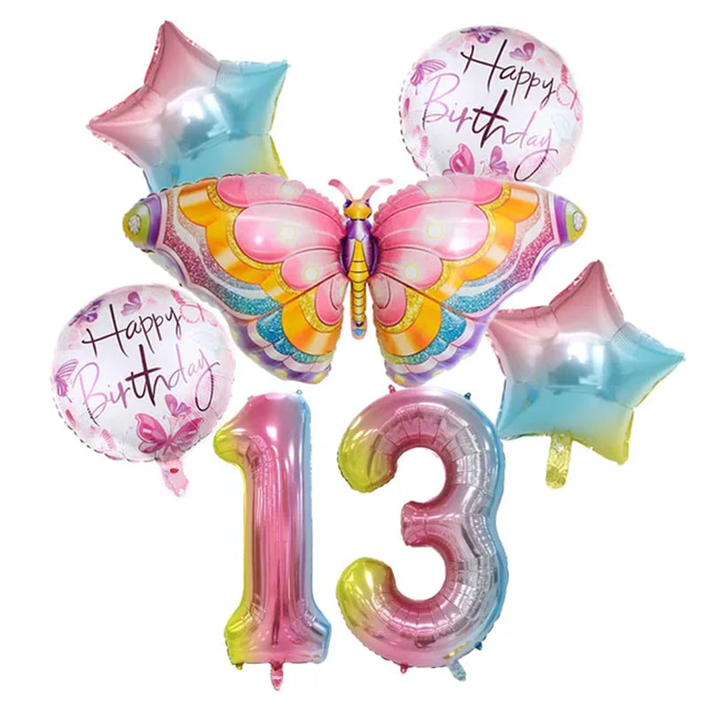 Coulourfully Butterfly Number Balloons Set Pink Birthday Butterfly Balloon Rainbow Number Helium Ball Birthday Party Decorations Warehouse Item