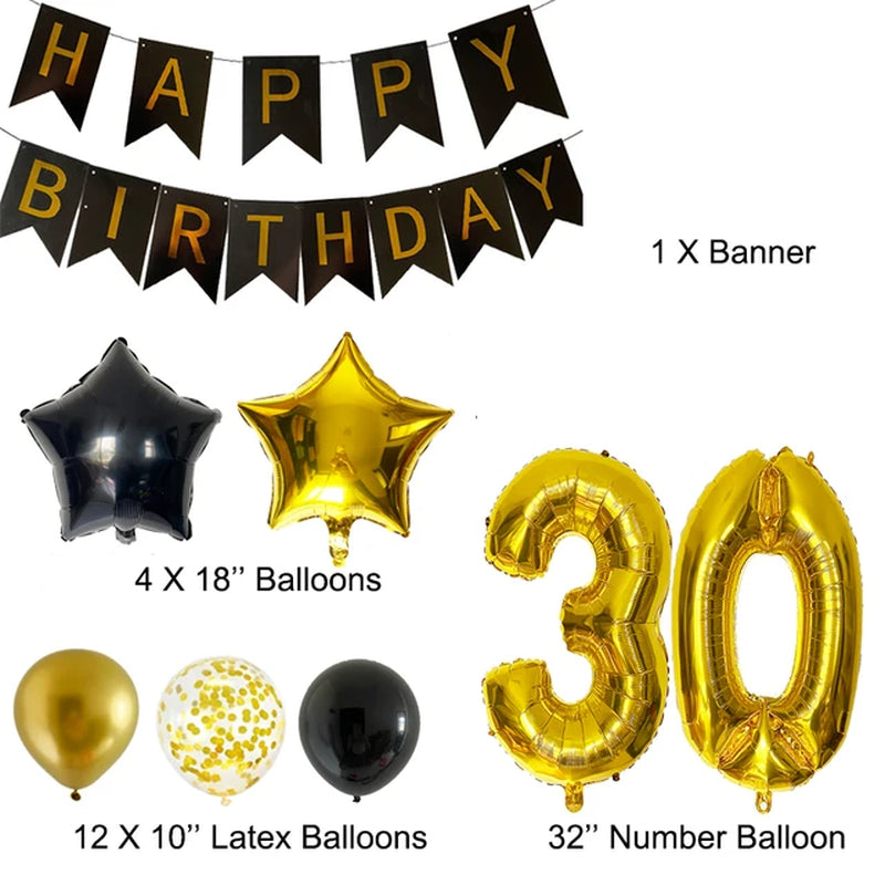 30Th Birthday Decoration Anniversary Party Supplies Gold Black Latex Balloons Happy Birthday Banner Woman Girls Birthday Decor Warehouse Item