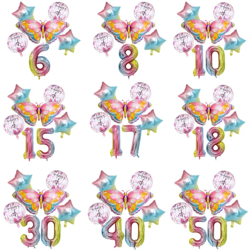 Coulourfully Butterfly Number Balloons Set Pink Birthday Butterfly Balloon Rainbow Number Helium Ball Birthday Party Decorations Warehouse Item