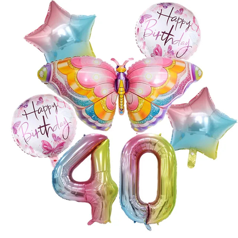 Coulourfully Butterfly Number Balloons Set Pink Birthday Butterfly Balloon Rainbow Number Helium Ball Birthday Party Decorations Warehouse Item