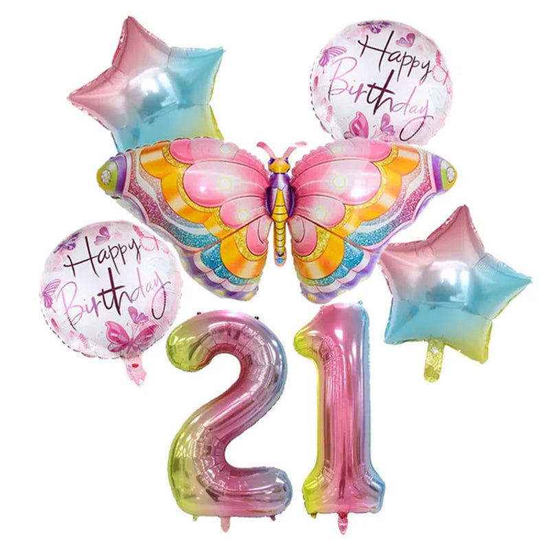 Coulourfully Butterfly Number Balloons Set Pink Birthday Butterfly Balloon Rainbow Number Helium Ball Birthday Party Decorations Warehouse Item