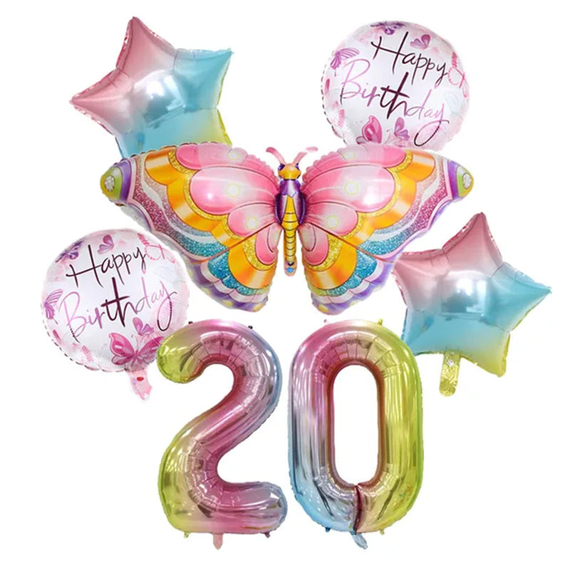 Coulourfully Butterfly Number Balloons Set Pink Birthday Butterfly Balloon Rainbow Number Helium Ball Birthday Party Decorations Warehouse Item