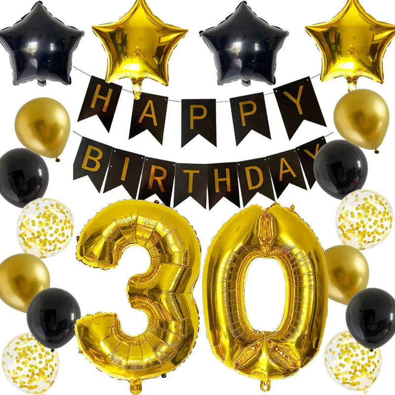 30Th Birthday Decoration Anniversary Party Supplies Gold Black Latex Balloons Happy Birthday Banner Woman Girls Birthday Decor Warehouse Item