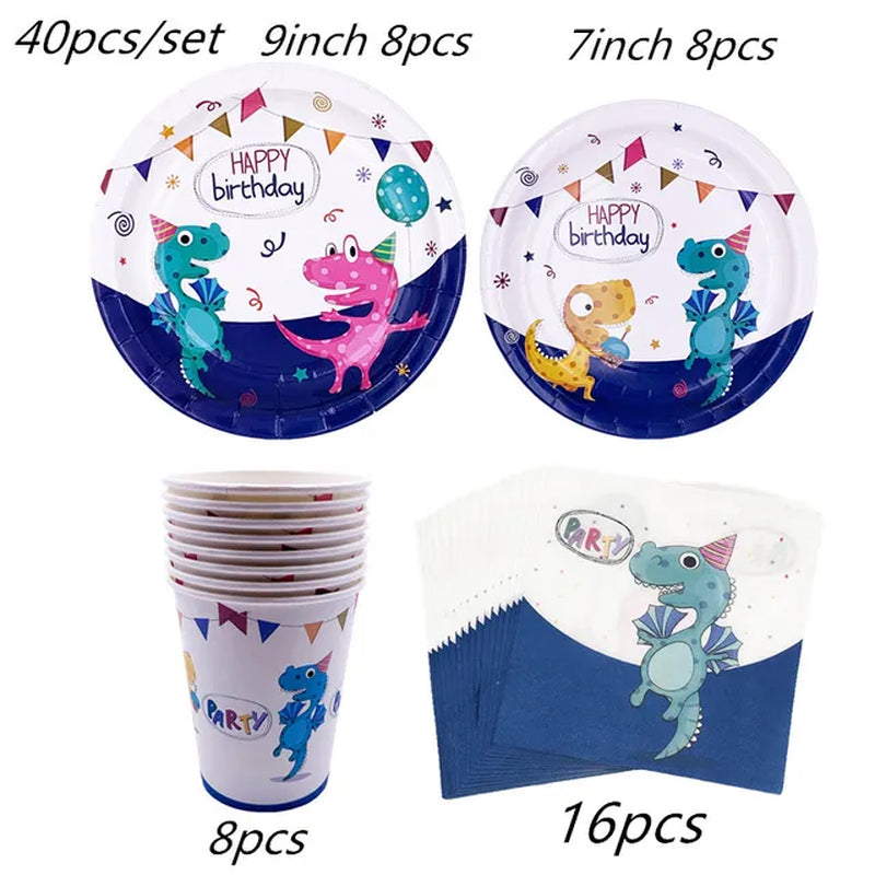 Dinosaur Party Disposable Tableware Paper Plates Cups Boy Kids One Birthday Party Supplies Favors Roar Dino Party Balloons Decor Warehouse Item