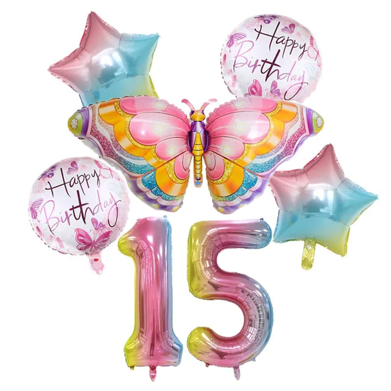 Coulourfully Butterfly Number Balloons Set Pink Birthday Butterfly Balloon Rainbow Number Helium Ball Birthday Party Decorations Warehouse Item