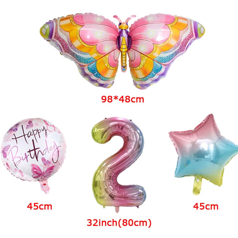 Coulourfully Butterfly Number Balloons Set Pink Birthday Butterfly Balloon Rainbow Number Helium Ball Birthday Party Decorations Warehouse Item