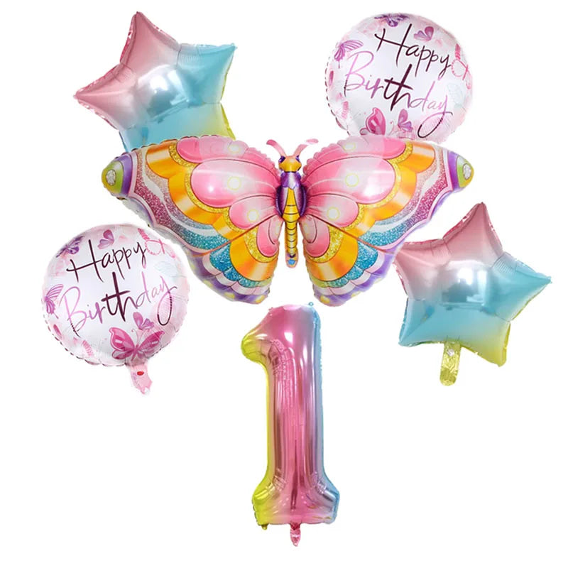 Coulourfully Butterfly Number Balloons Set Pink Birthday Butterfly Balloon Rainbow Number Helium Ball Birthday Party Decorations Warehouse Item