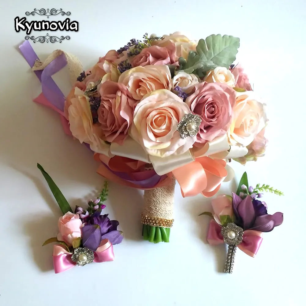 Set Wedding Bouquet Boutonniere and Wrist Flower Corsage Brooch Bouquet Bridesmaid Bridal Bouquet Wedding Deco D81 Warehouse Item