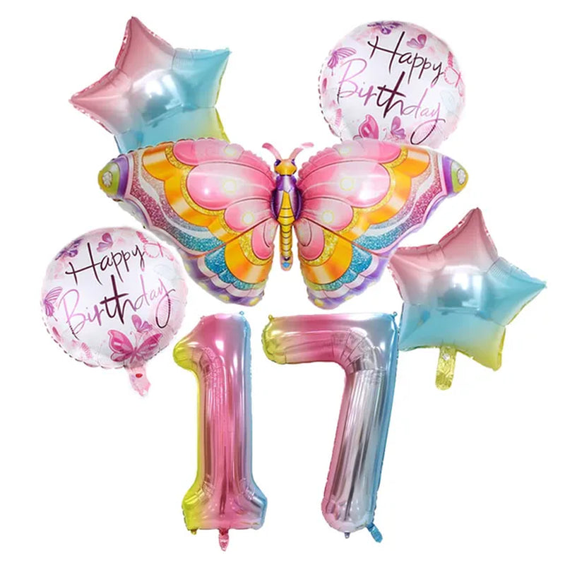 Coulourfully Butterfly Number Balloons Set Pink Birthday Butterfly Balloon Rainbow Number Helium Ball Birthday Party Decorations Warehouse Item