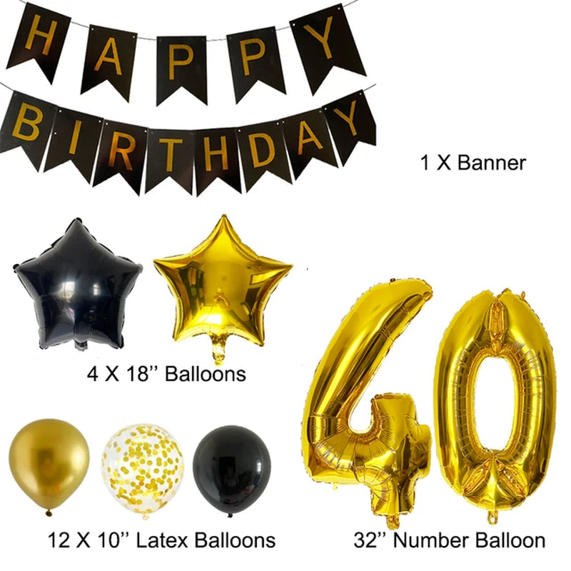 30Th Birthday Decoration Anniversary Party Supplies Gold Black Latex Balloons Happy Birthday Banner Woman Girls Birthday Decor Warehouse Item