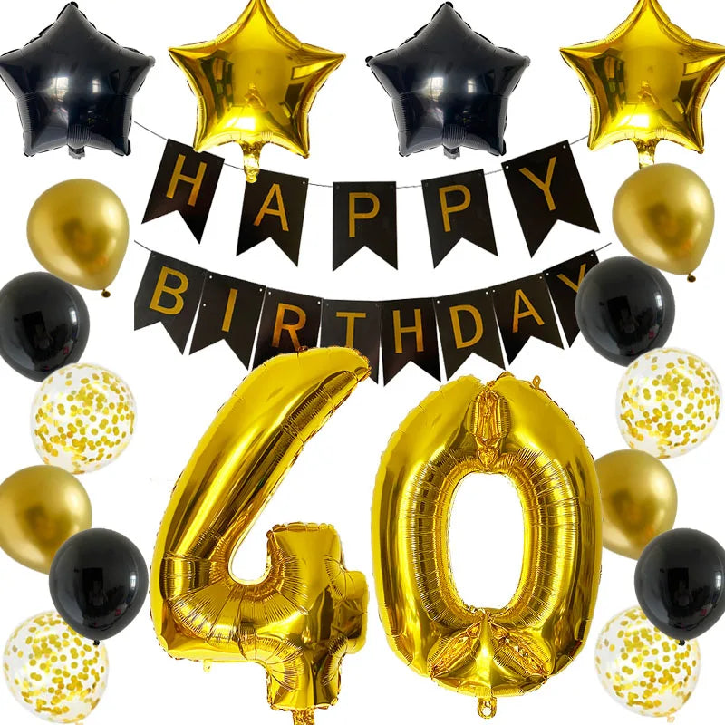 30Th Birthday Decoration Anniversary Party Supplies Gold Black Latex Balloons Happy Birthday Banner Woman Girls Birthday Decor Warehouse Item