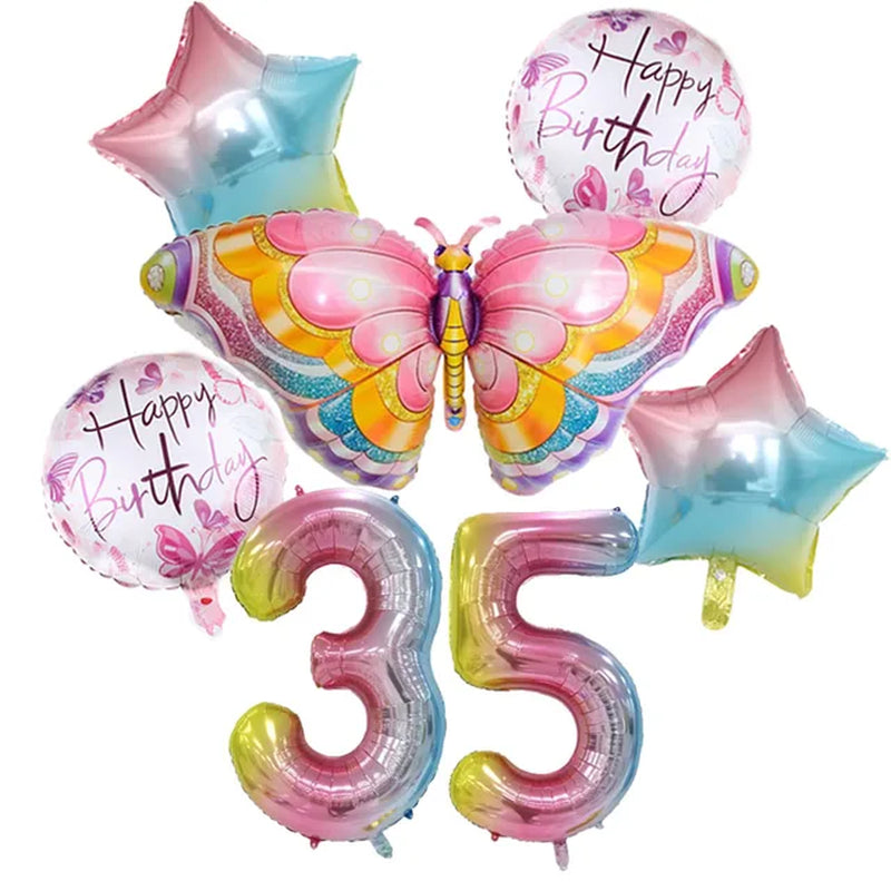 Coulourfully Butterfly Number Balloons Set Pink Birthday Butterfly Balloon Rainbow Number Helium Ball Birthday Party Decorations Warehouse Item