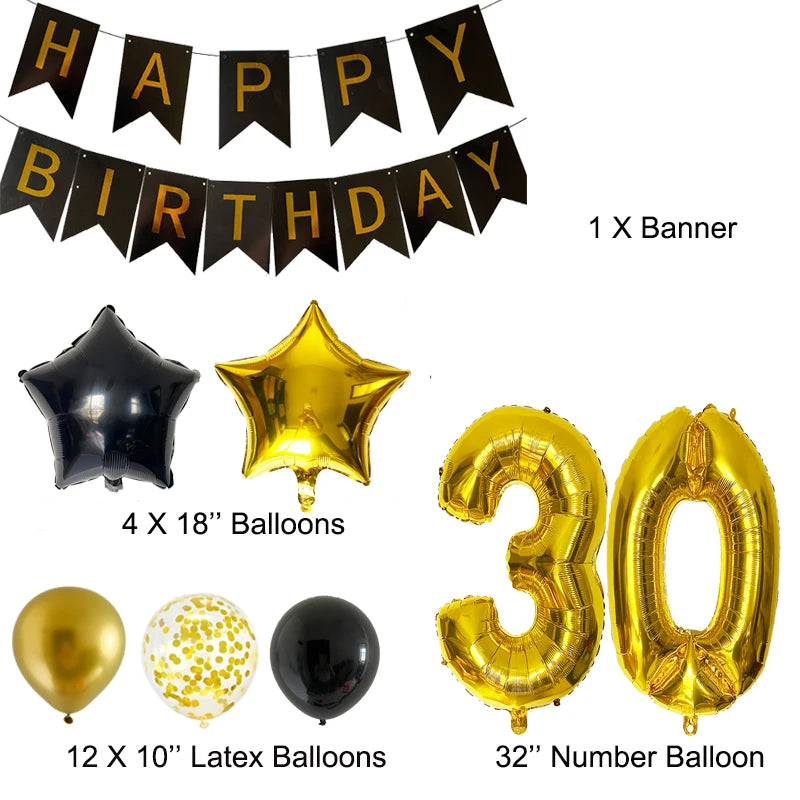 30Th Birthday Decoration Anniversary Party Supplies Gold Black Latex Balloons Happy Birthday Banner Woman Girls Birthday Decor Warehouse Item