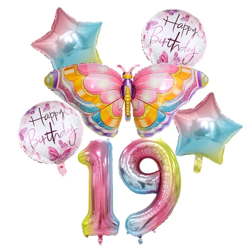 Coulourfully Butterfly Number Balloons Set Pink Birthday Butterfly Balloon Rainbow Number Helium Ball Birthday Party Decorations Warehouse Item