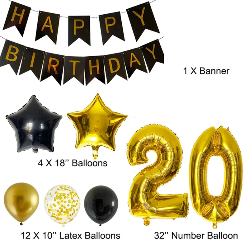 30Th Birthday Decoration Anniversary Party Supplies Gold Black Latex Balloons Happy Birthday Banner Woman Girls Birthday Decor Warehouse Item