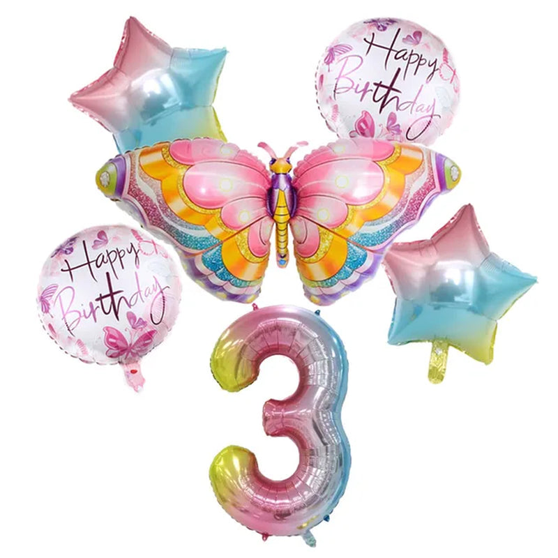 Coulourfully Butterfly Number Balloons Set Pink Birthday Butterfly Balloon Rainbow Number Helium Ball Birthday Party Decorations Warehouse Item