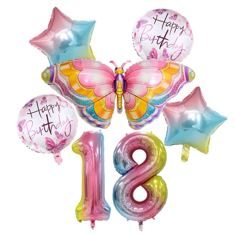 Coulourfully Butterfly Number Balloons Set Pink Birthday Butterfly Balloon Rainbow Number Helium Ball Birthday Party Decorations Warehouse Item