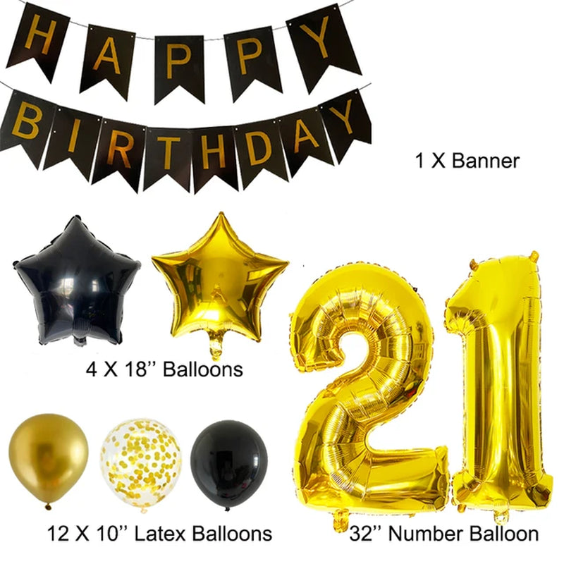 30Th Birthday Decoration Anniversary Party Supplies Gold Black Latex Balloons Happy Birthday Banner Woman Girls Birthday Decor Warehouse Item