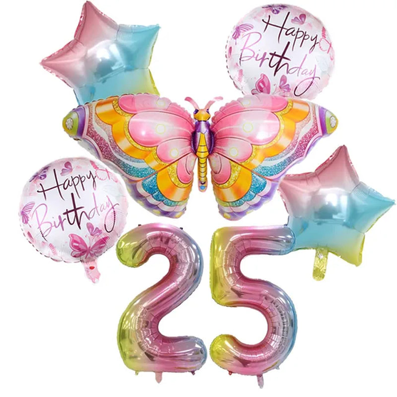 Coulourfully Butterfly Number Balloons Set Pink Birthday Butterfly Balloon Rainbow Number Helium Ball Birthday Party Decorations Warehouse Item