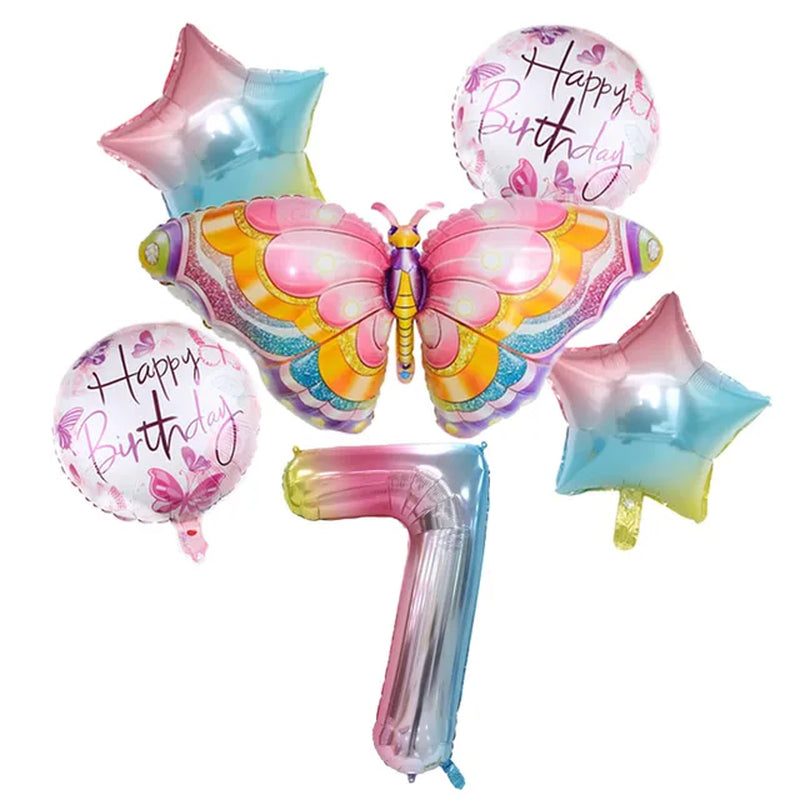 Coulourfully Butterfly Number Balloons Set Pink Birthday Butterfly Balloon Rainbow Number Helium Ball Birthday Party Decorations Warehouse Item