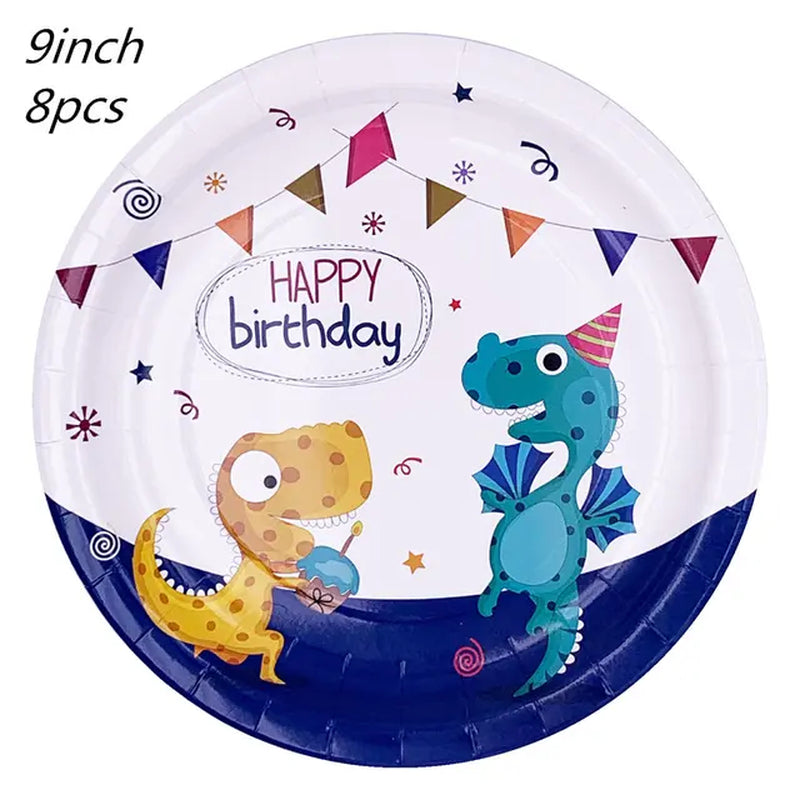 Dinosaur Party Disposable Tableware Paper Plates Cups Boy Kids One Birthday Party Supplies Favors Roar Dino Party Balloons Decor Warehouse Item