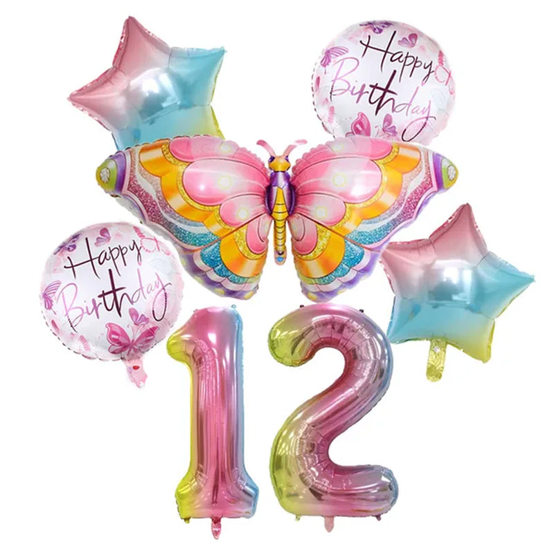 Coulourfully Butterfly Number Balloons Set Pink Birthday Butterfly Balloon Rainbow Number Helium Ball Birthday Party Decorations Warehouse Item