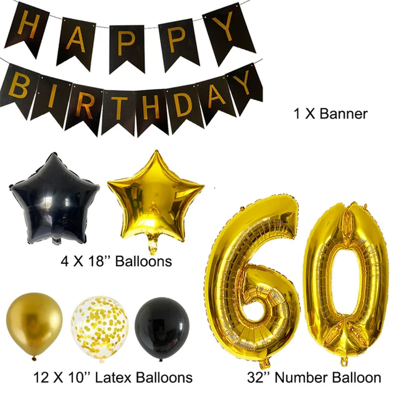 30Th Birthday Decoration Anniversary Party Supplies Gold Black Latex Balloons Happy Birthday Banner Woman Girls Birthday Decor Warehouse Item