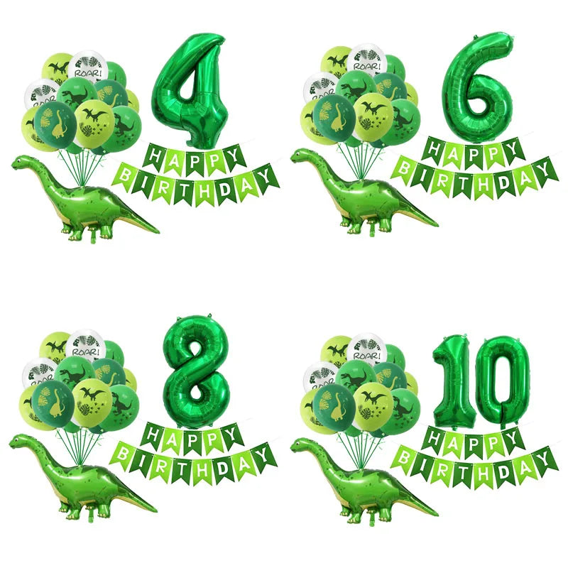 Dinosaur Latex Balloons Green Happy Birthday Banners Number Balls Jurassic Period Theme Children'S Boy Birthday Party Decoration Warehouse Item