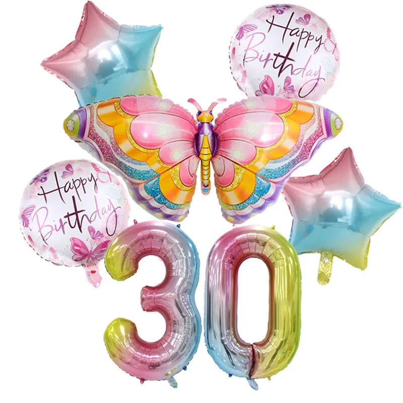 Coulourfully Butterfly Number Balloons Set Pink Birthday Butterfly Balloon Rainbow Number Helium Ball Birthday Party Decorations Warehouse Item