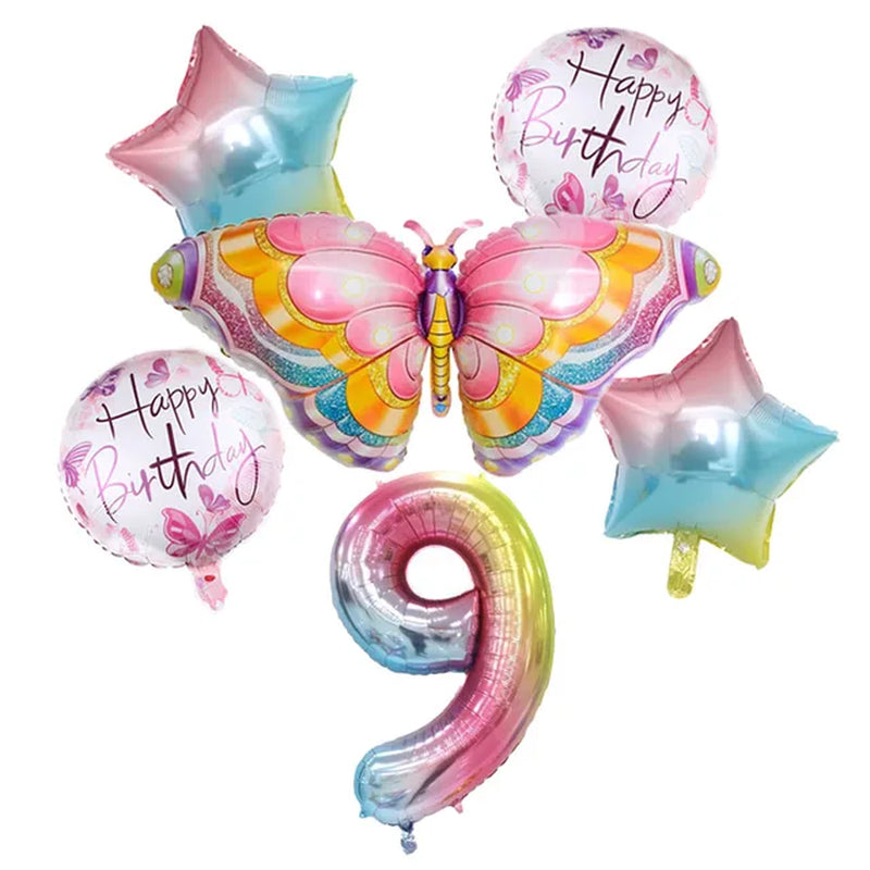 Coulourfully Butterfly Number Balloons Set Pink Birthday Butterfly Balloon Rainbow Number Helium Ball Birthday Party Decorations Warehouse Item